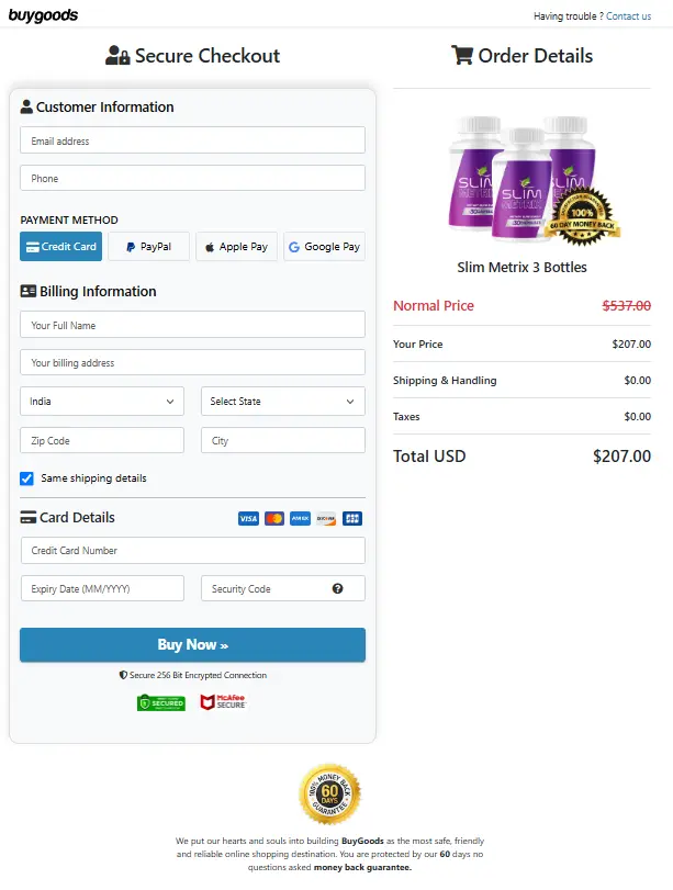 SlimMetrix Order Page